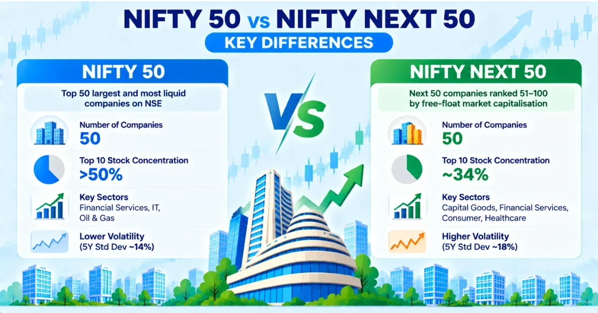 NIFTY 50 vs NIFTY Next 50 Infographic NIFTY 50 vs NIFTY Next 50 Infographic